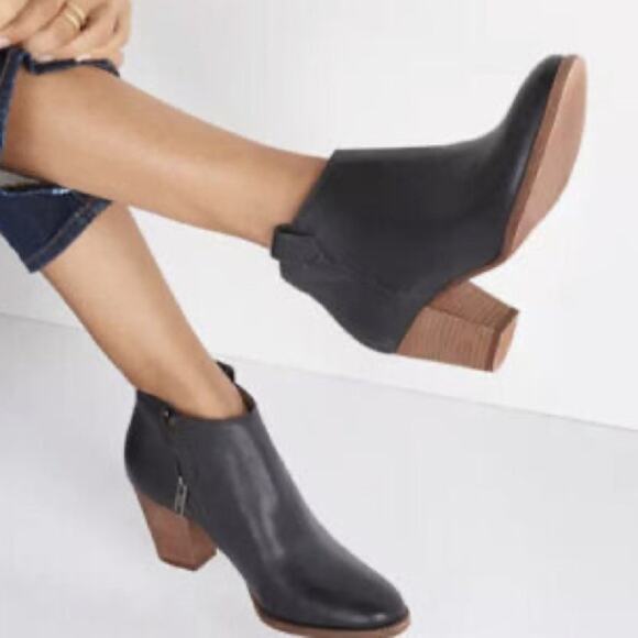 Madewell Billie Black Leather Side Zip Heeled Ankle Booties Size 8 - Picture 1 of 8